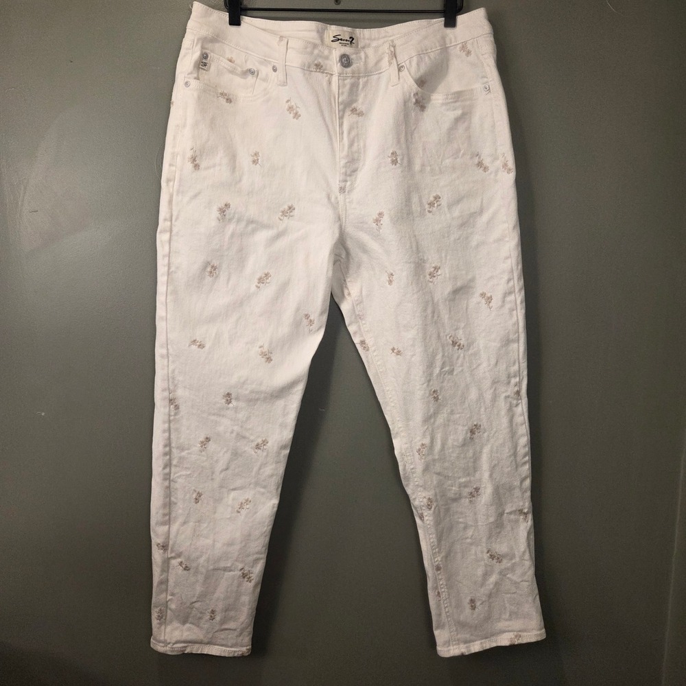 Seven7 Women's 90s Straight Leg Jeans Size 16 Cream Floral Print Embroidery